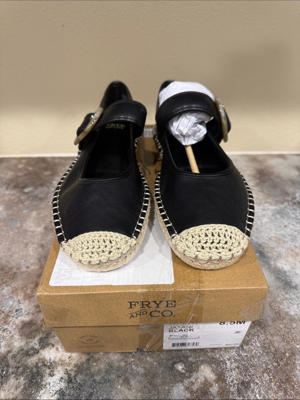 FRYE AND CO. Black Mary Jane Espadrille Flats with Natural Braided Toe